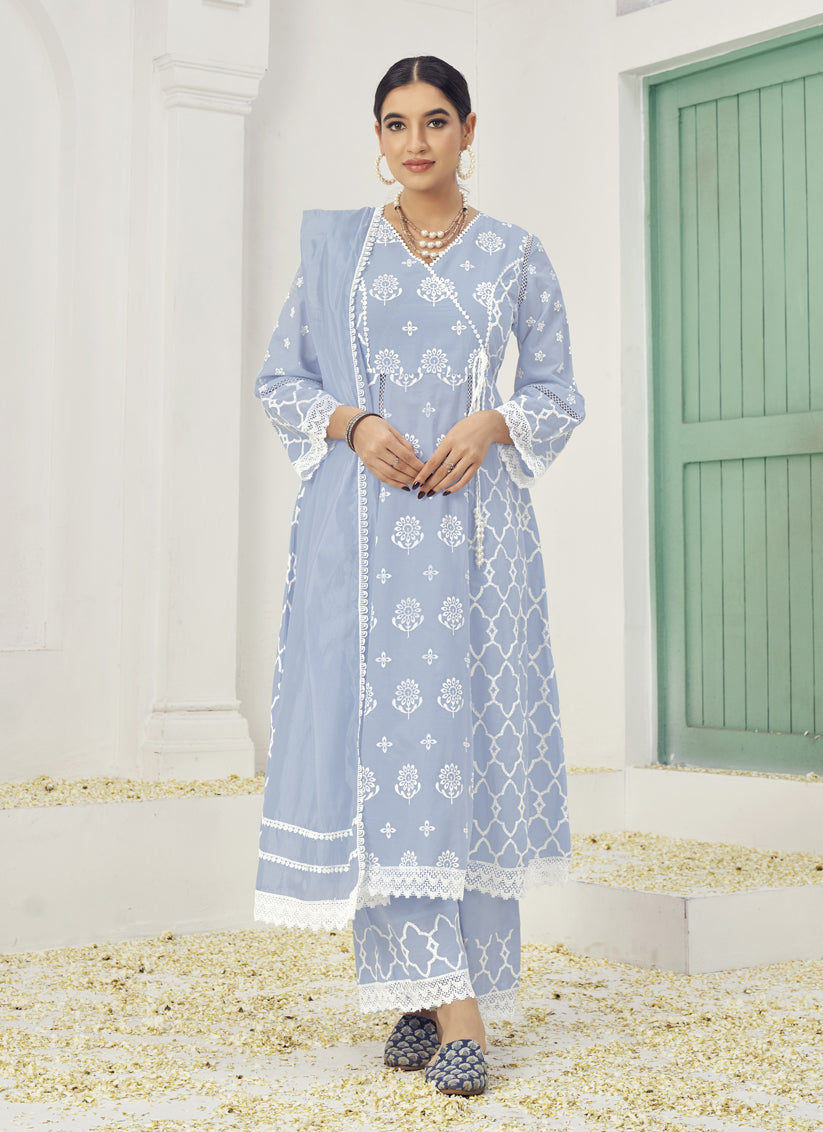 Grey Cotton Embroidered Palazzo Kameez Suit For Festival