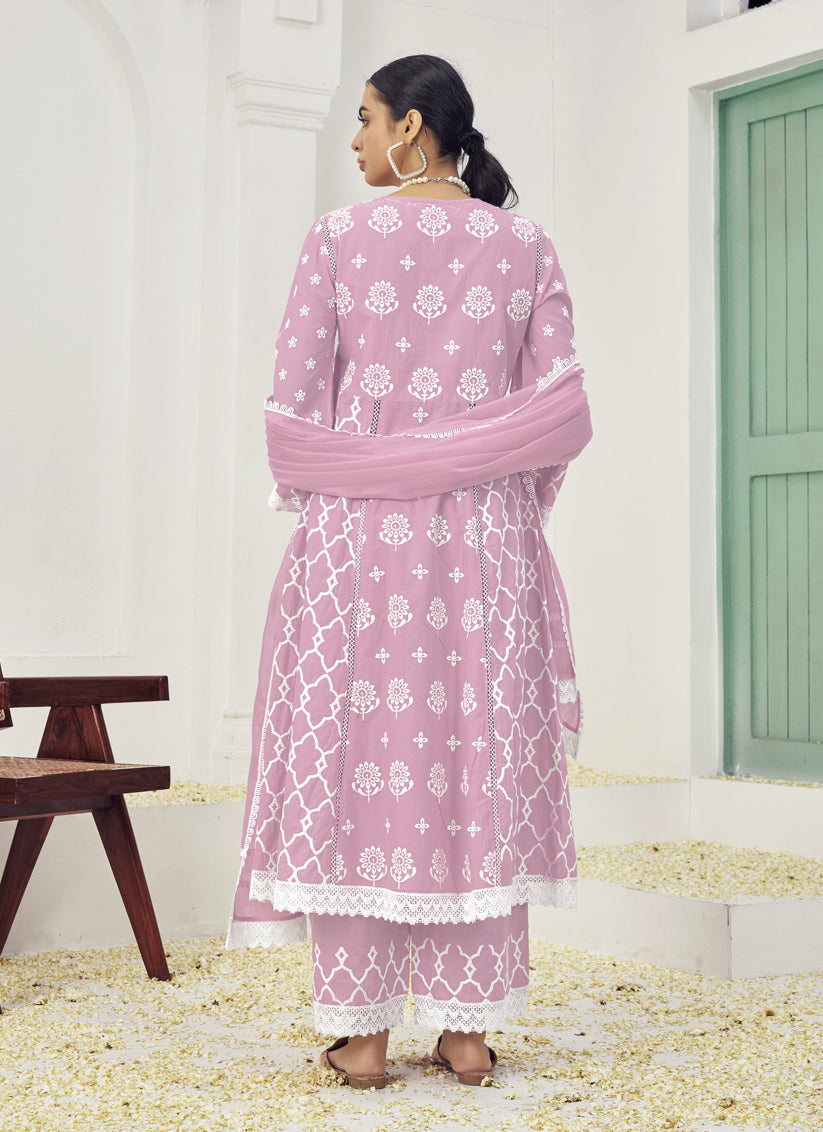 Pink Cotton Embroidered Palazzo Kameez Suit For Festival