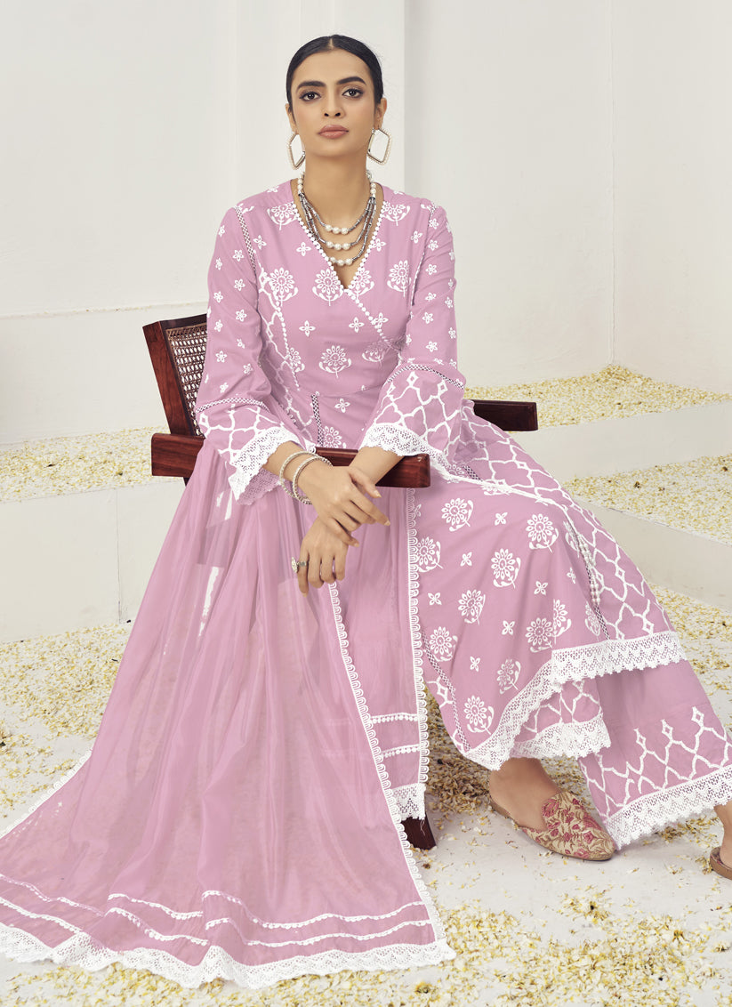 Pink Cotton Embroidered Palazzo Kameez Suit For Festival