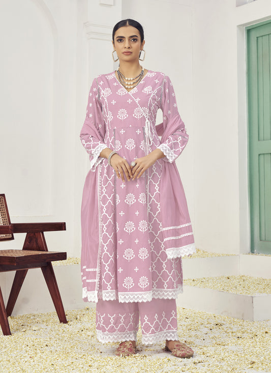 Pink Cotton Embroidered Palazzo Kameez Suit For Festival