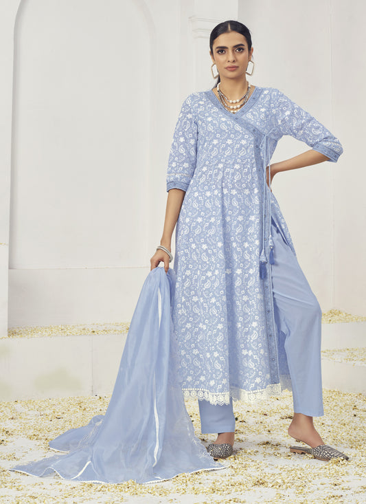 Powder Blue Cotton Embroidered Pant Kameez Suit For Festival