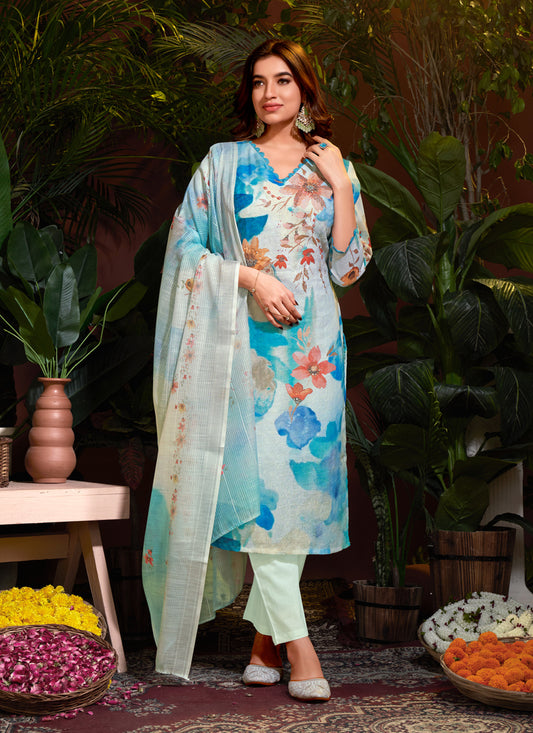 Ice Blue Linen Cotton Readymade Pant Kameez For Festival