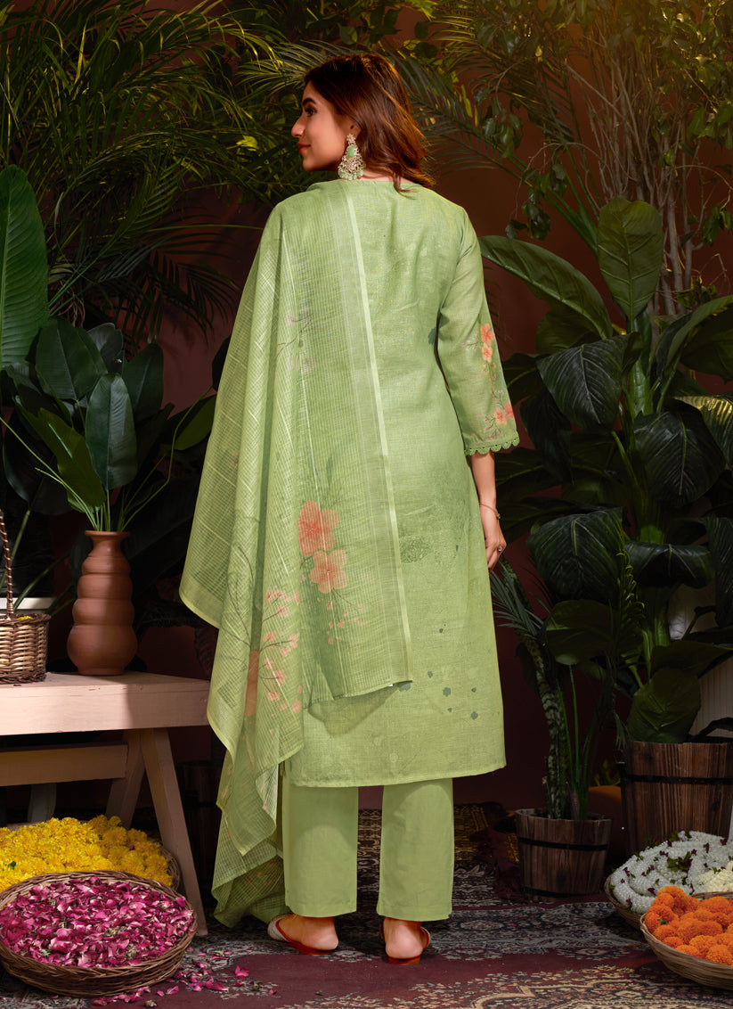 Pistachio Green Linen Cotton Readymade Pant Kameez For Festival