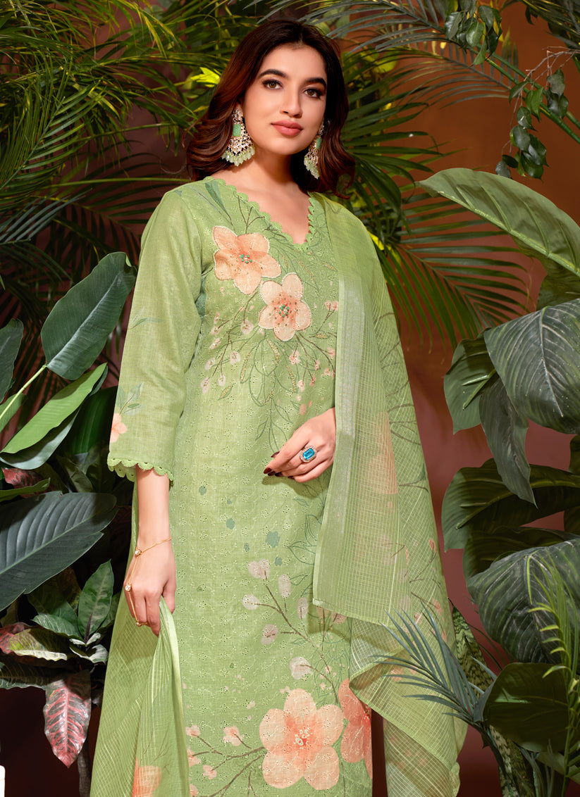 Pistachio Green Linen Cotton Readymade Pant Kameez For Festival