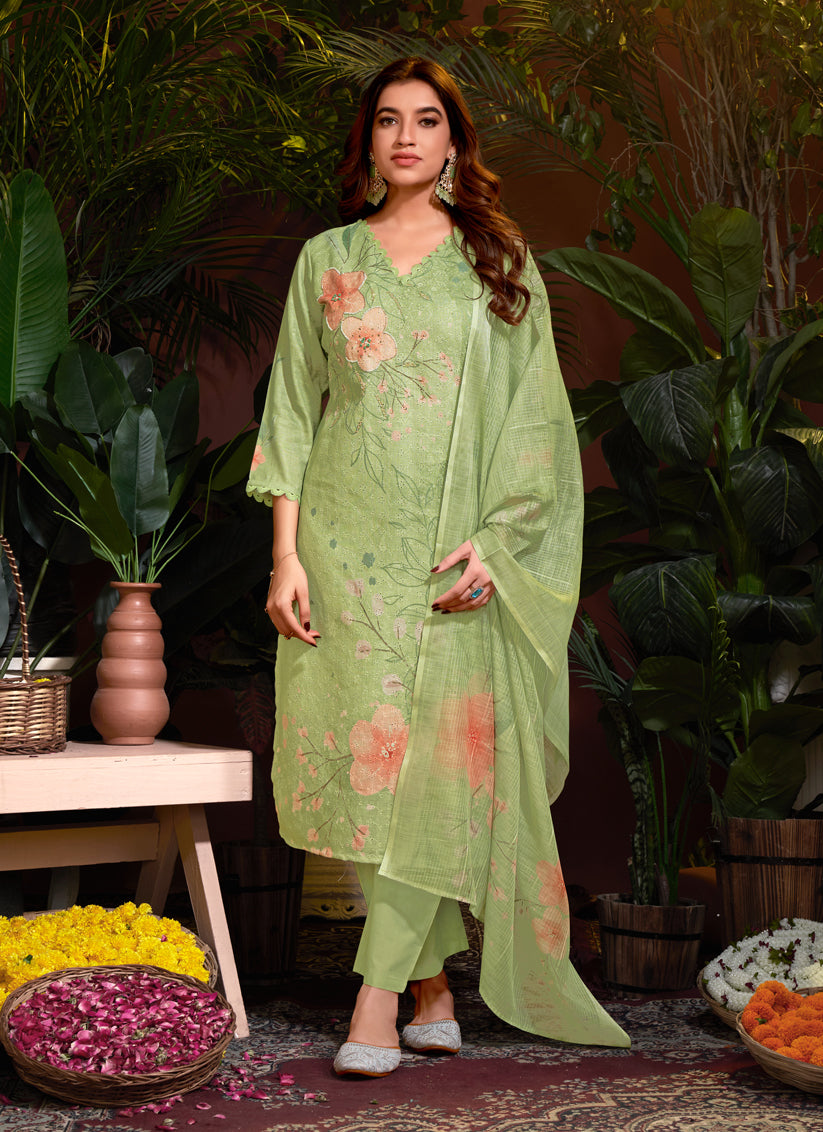 Pistachio Green Linen Cotton Readymade Pant Kameez For Festival