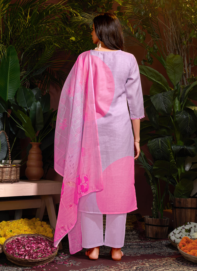 Lavender Linen Cotton Readymade Pant Kameez For Festival