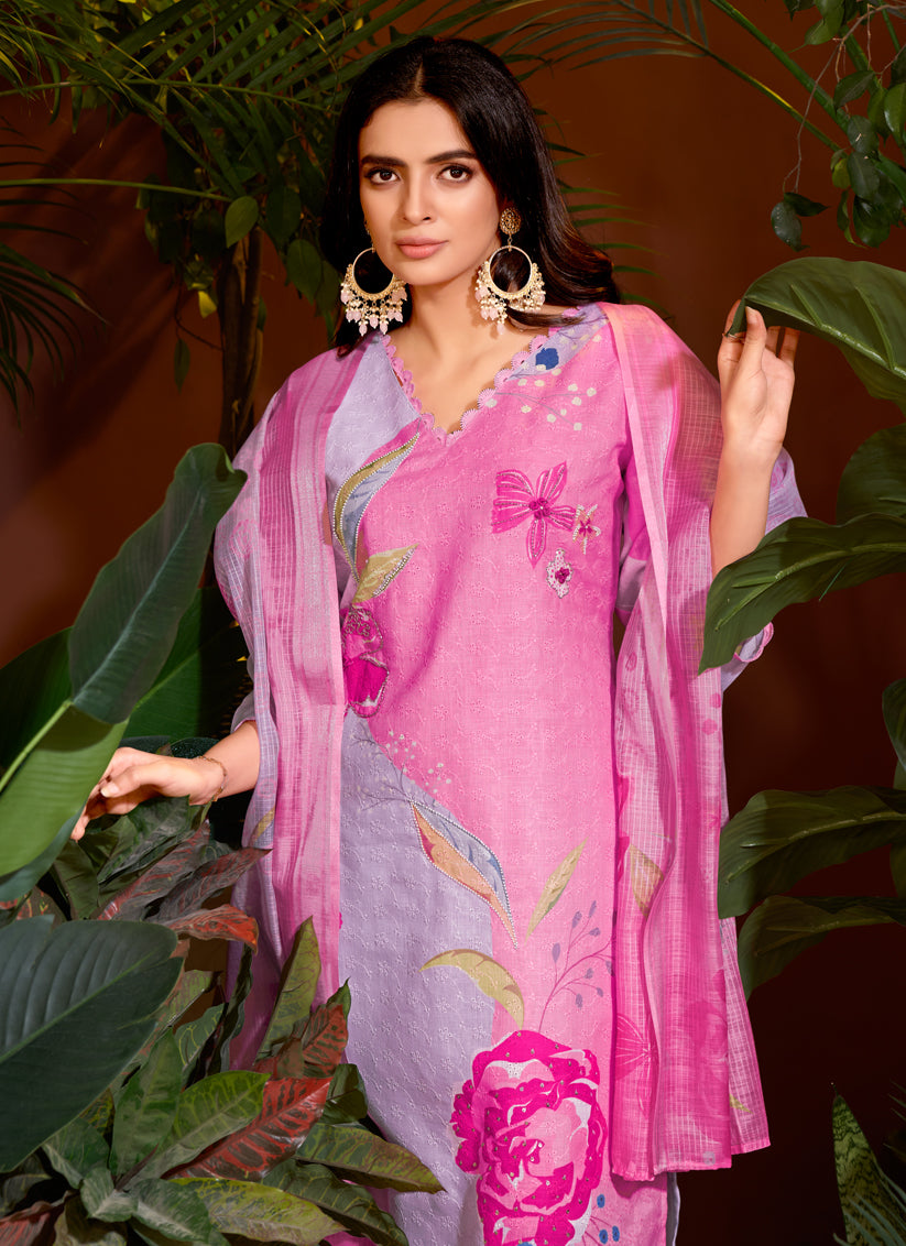 Lavender Linen Cotton Readymade Pant Kameez For Festival