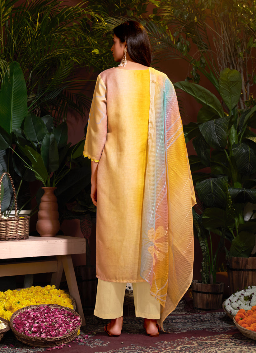 Mustard Linen Cotton Readymade Pant Kameez For Festival