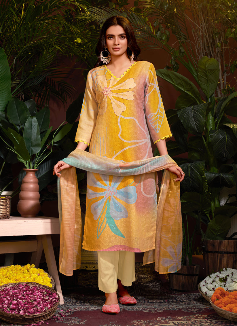 Mustard Linen Cotton Readymade Pant Kameez For Festival