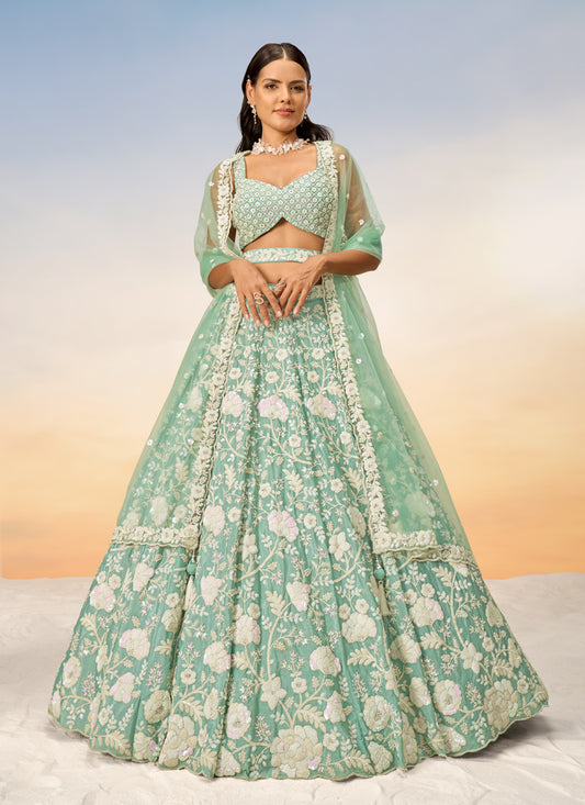 Mint Green Faux Georgette Embroidered Wedding Lehenga Choli