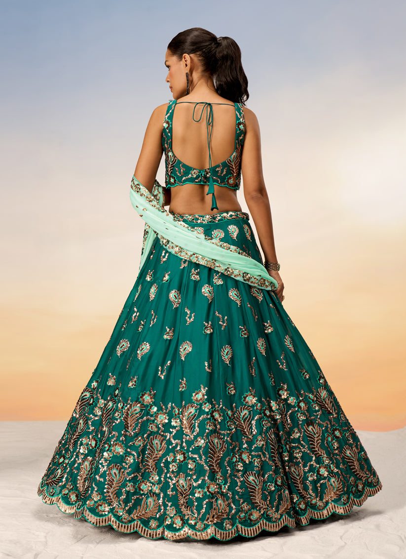 Rama Green Faux Georgette Embroidered Wedding Lehenga Choli