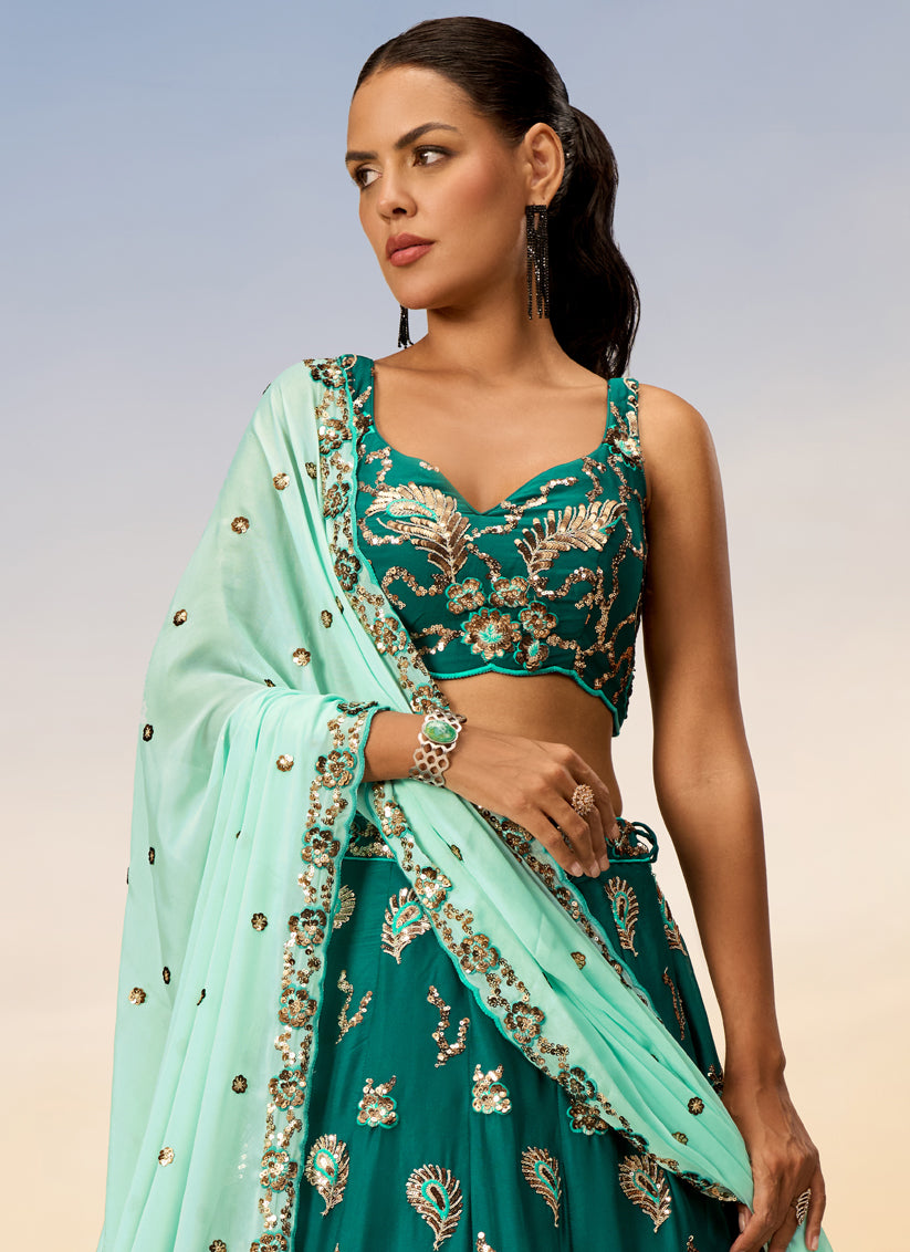 Rama Green Faux Georgette Embroidered Wedding Lehenga Choli