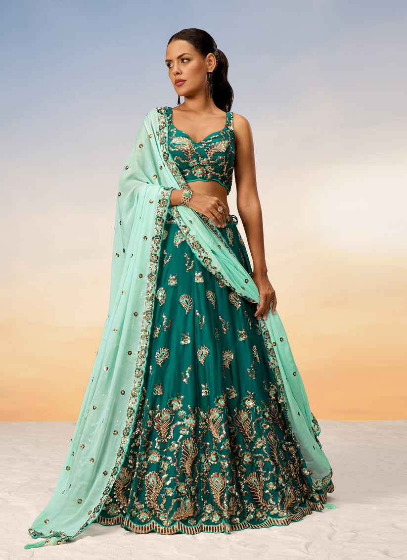 Rama Green Faux Georgette Embroidered Wedding Lehenga Choli