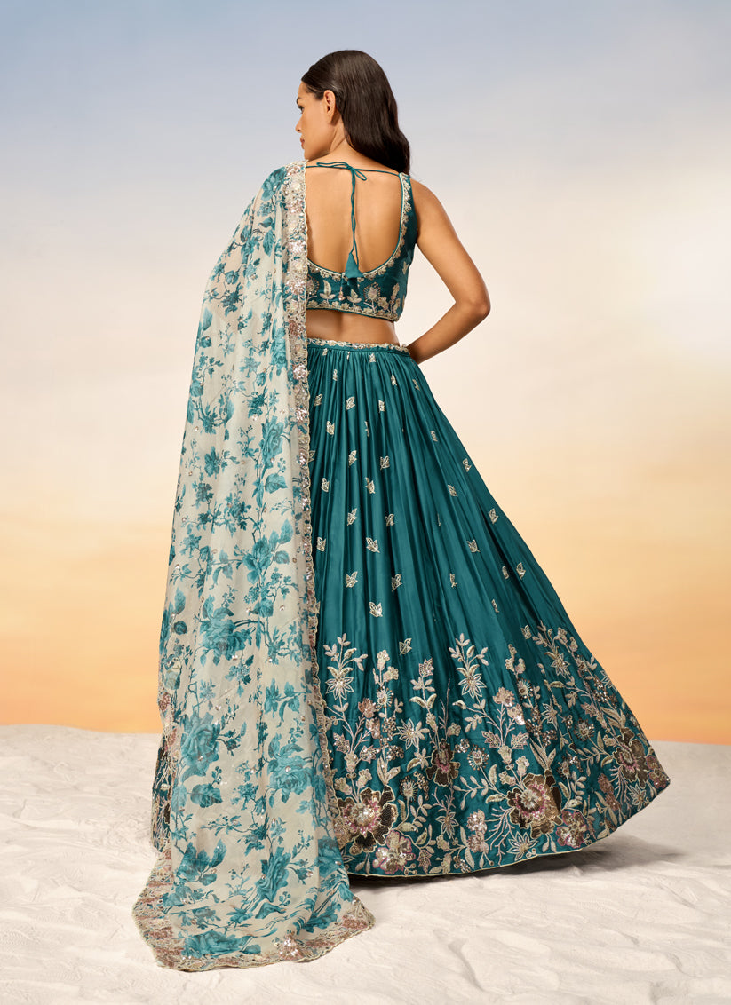 Peacock Blue Faux Chiffon Embroidered Wedding Lehenga Choli