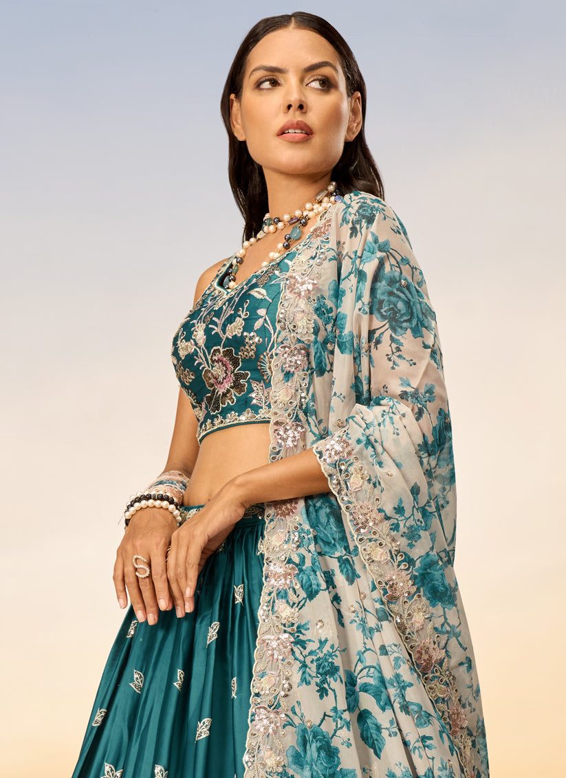 Peacock Blue Faux Chiffon Embroidered Wedding Lehenga Choli