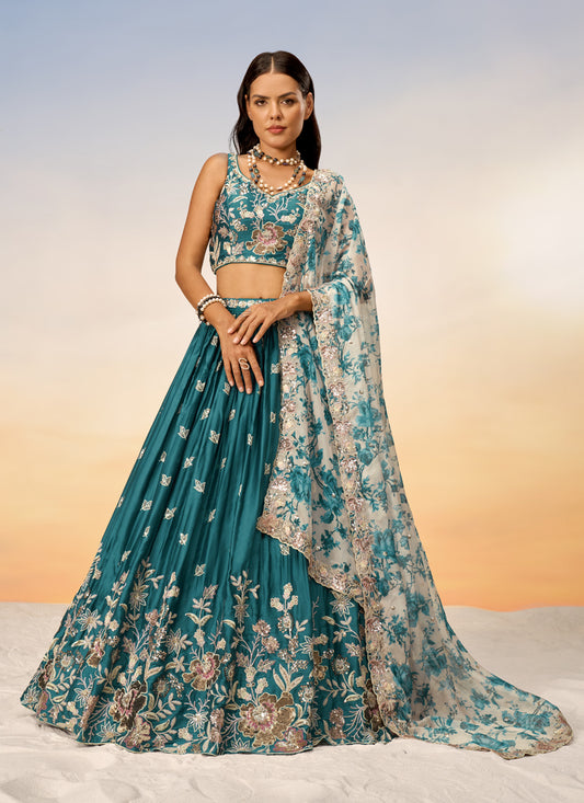 Peacock Blue Faux Chiffon Embroidered Wedding Lehenga Choli