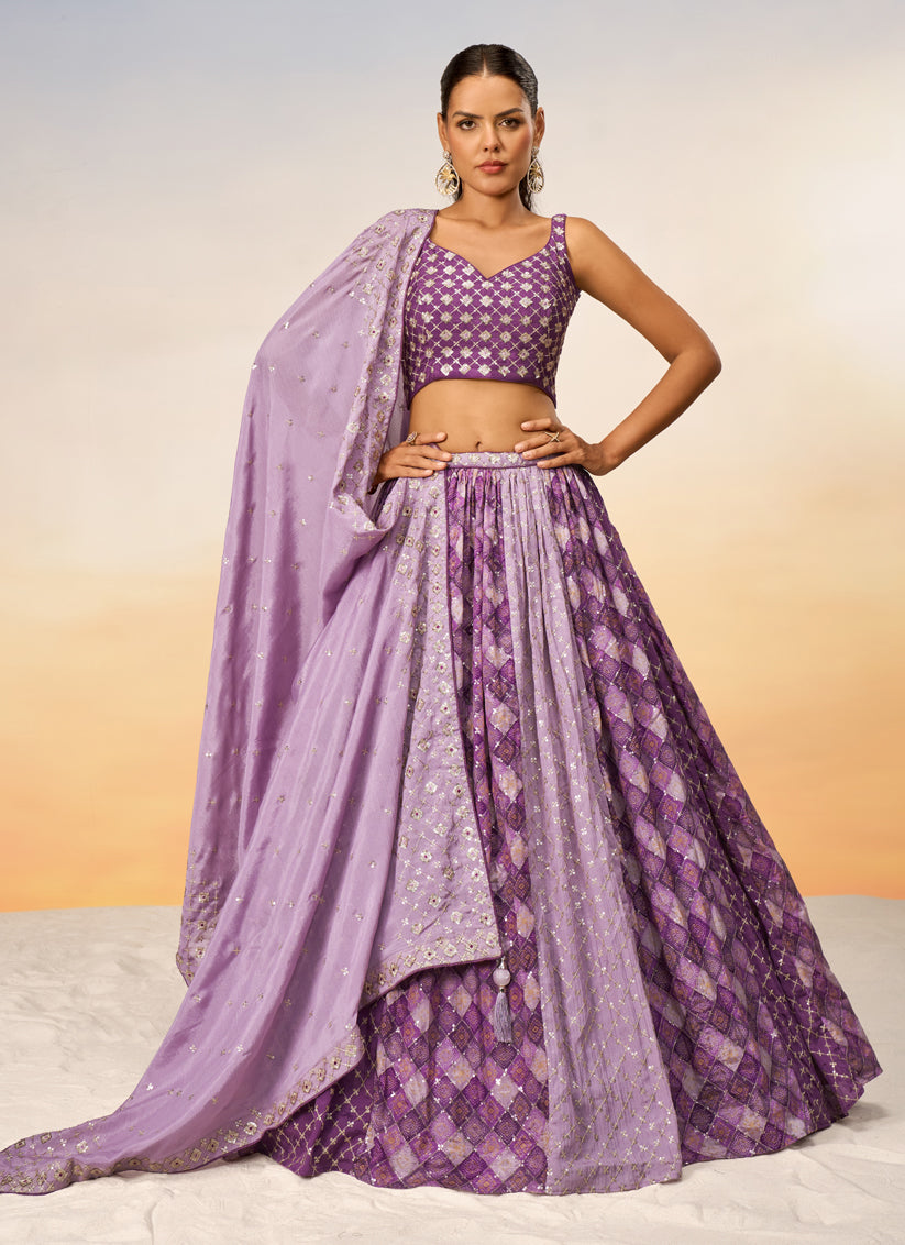 Purple Faux Chiffon Embroidered Wedding Lehenga Choli