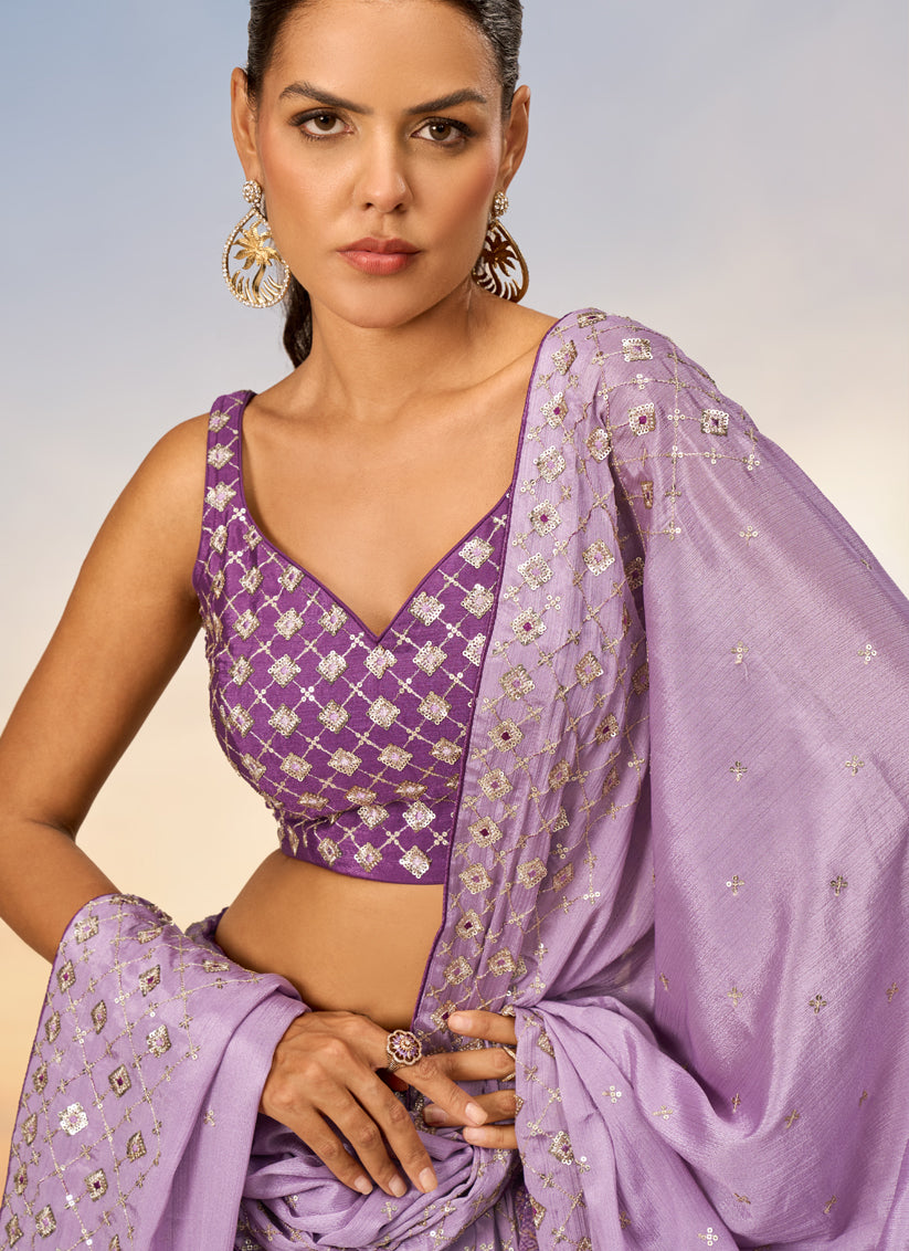 Purple Faux Chiffon Embroidered Wedding Lehenga Choli