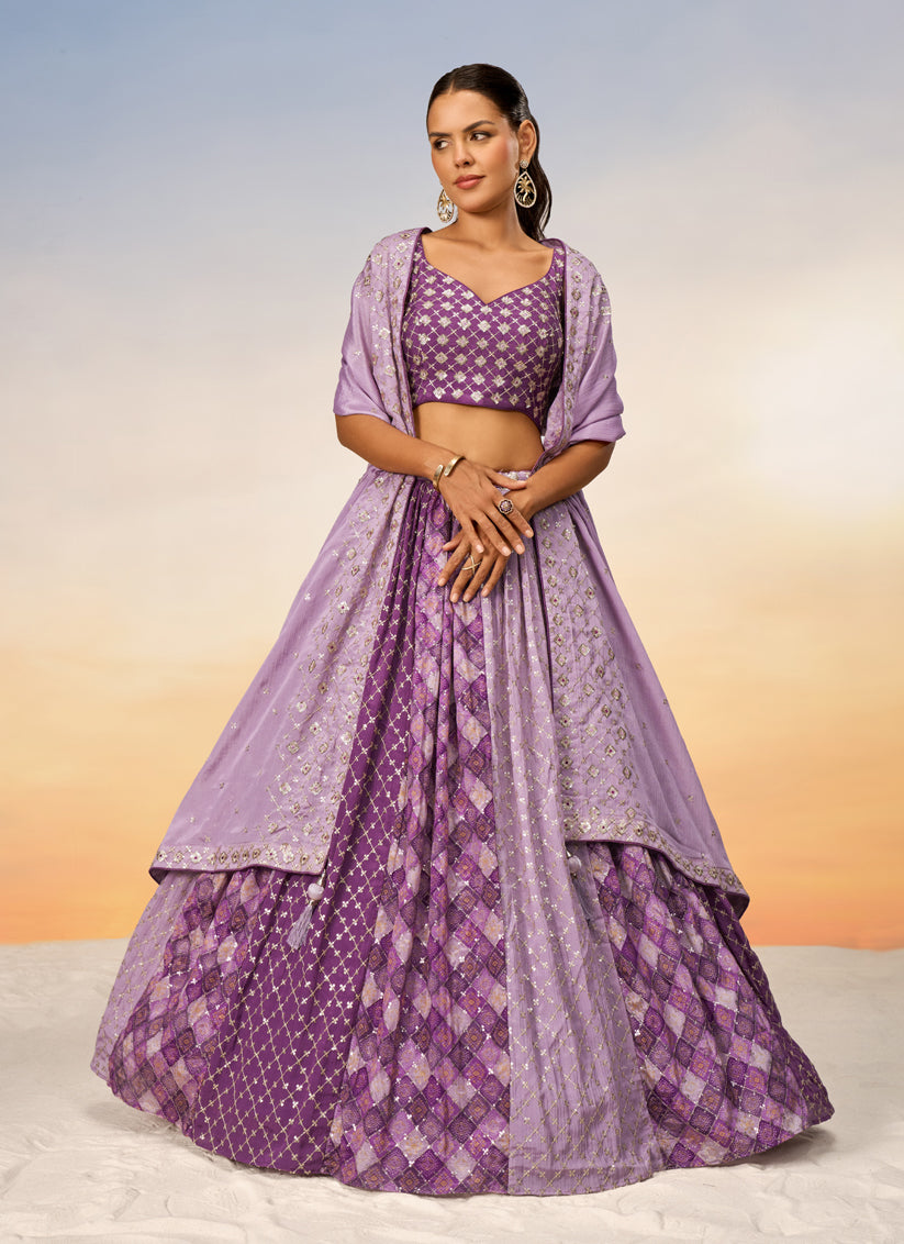 Purple Faux Chiffon Embroidered Wedding Lehenga Choli