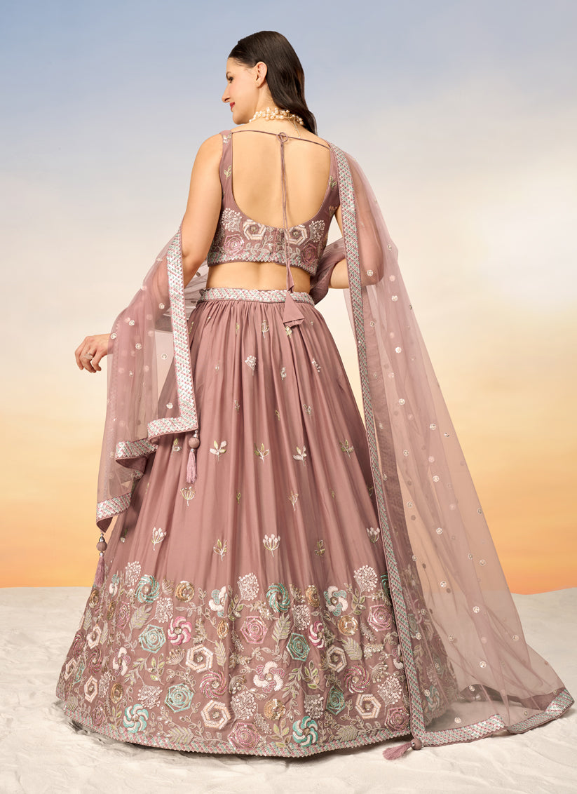 Rose Gold Faux Georgette Embroidered Wedding Lehenga Choli