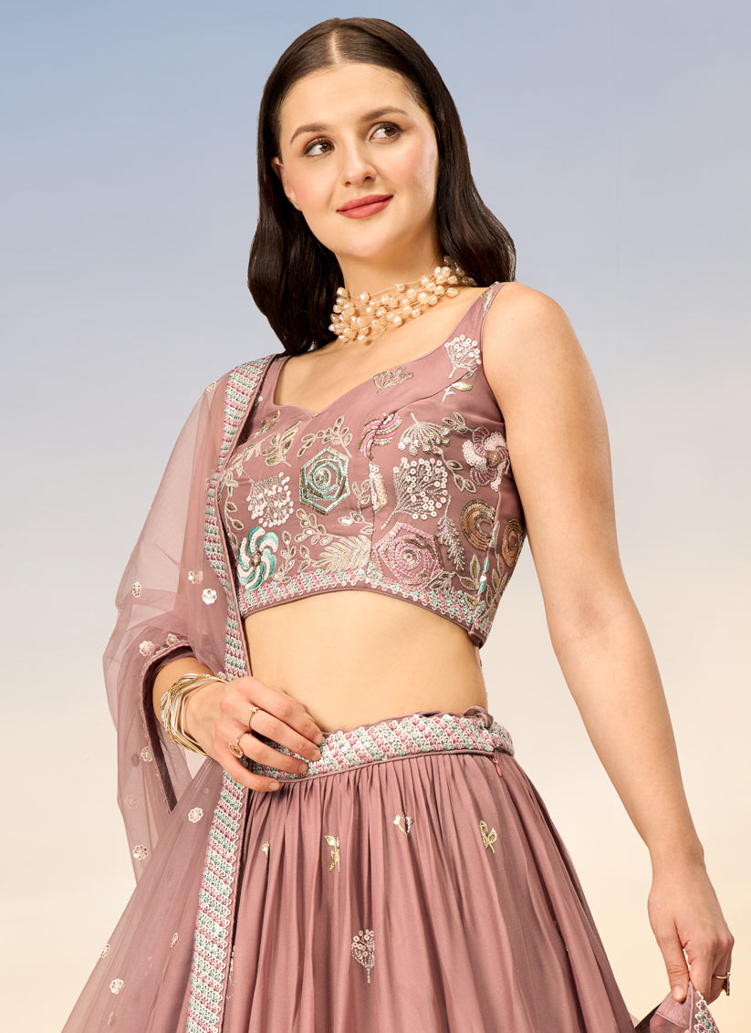 Rose Gold Faux Georgette Embroidered Wedding Lehenga Choli