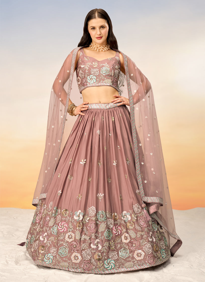 Rose Gold Faux Georgette Embroidered Wedding Lehenga Choli