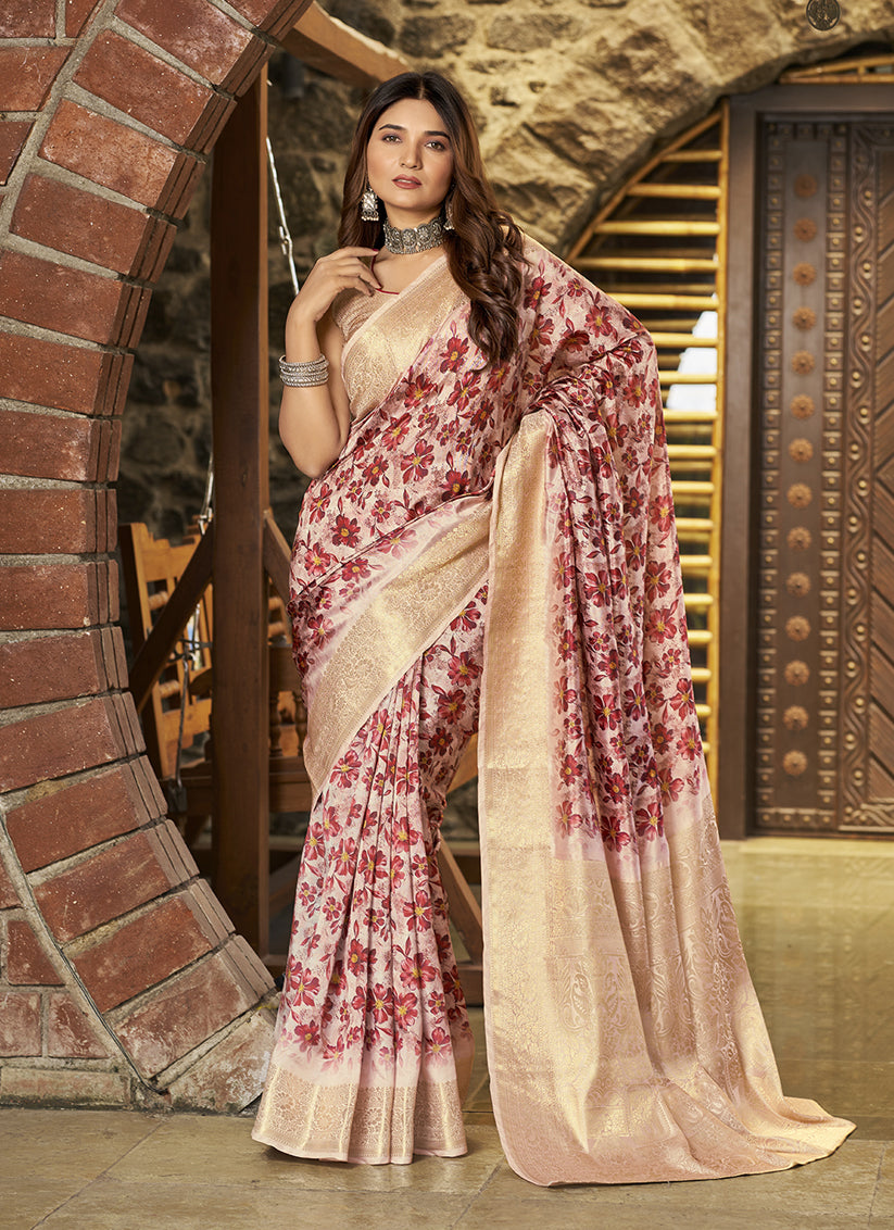 Pink Jacquard Printed Saree For Festival