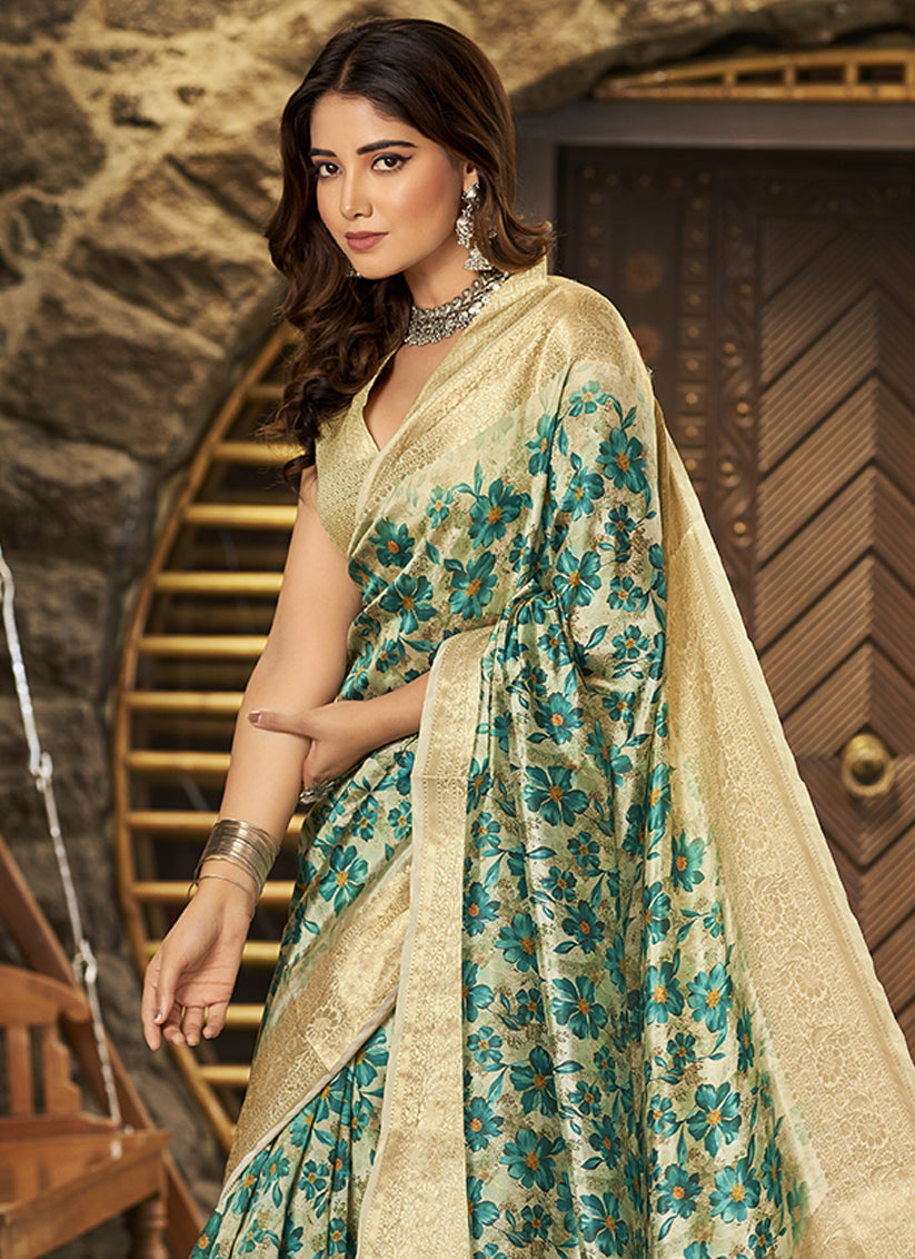 Teal Jacquard Printed Saree For Festival