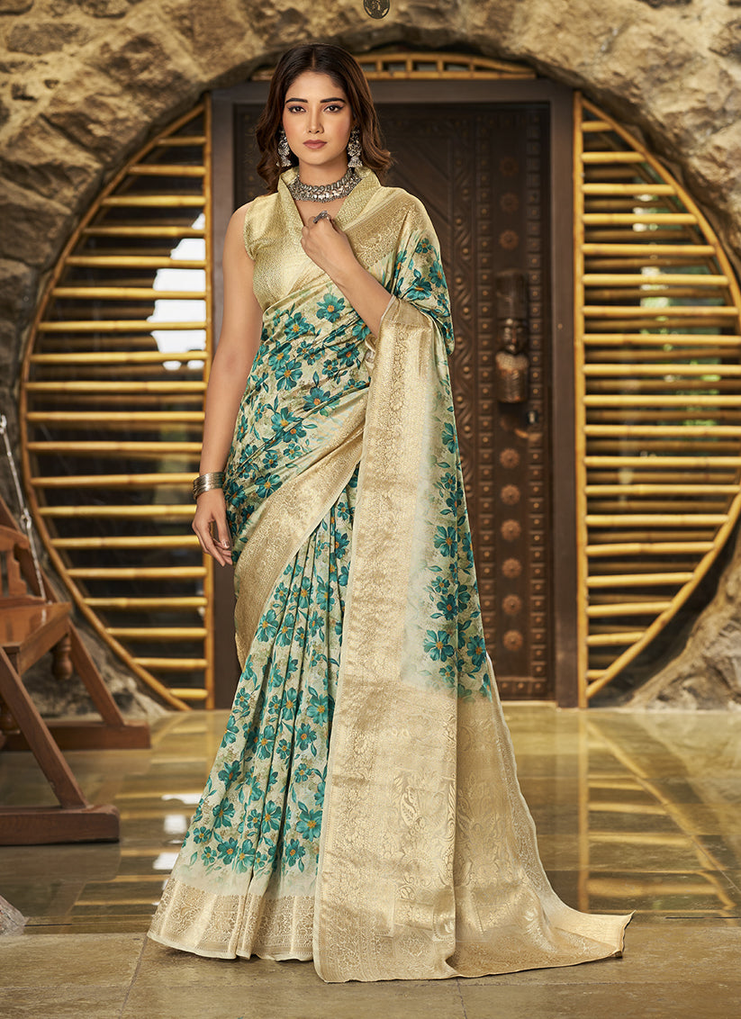 Teal Jacquard Printed Saree For Festival