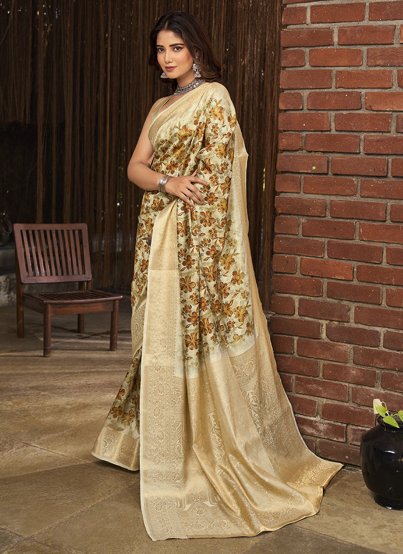 Mustard Jacquard Printed Saree For Festival