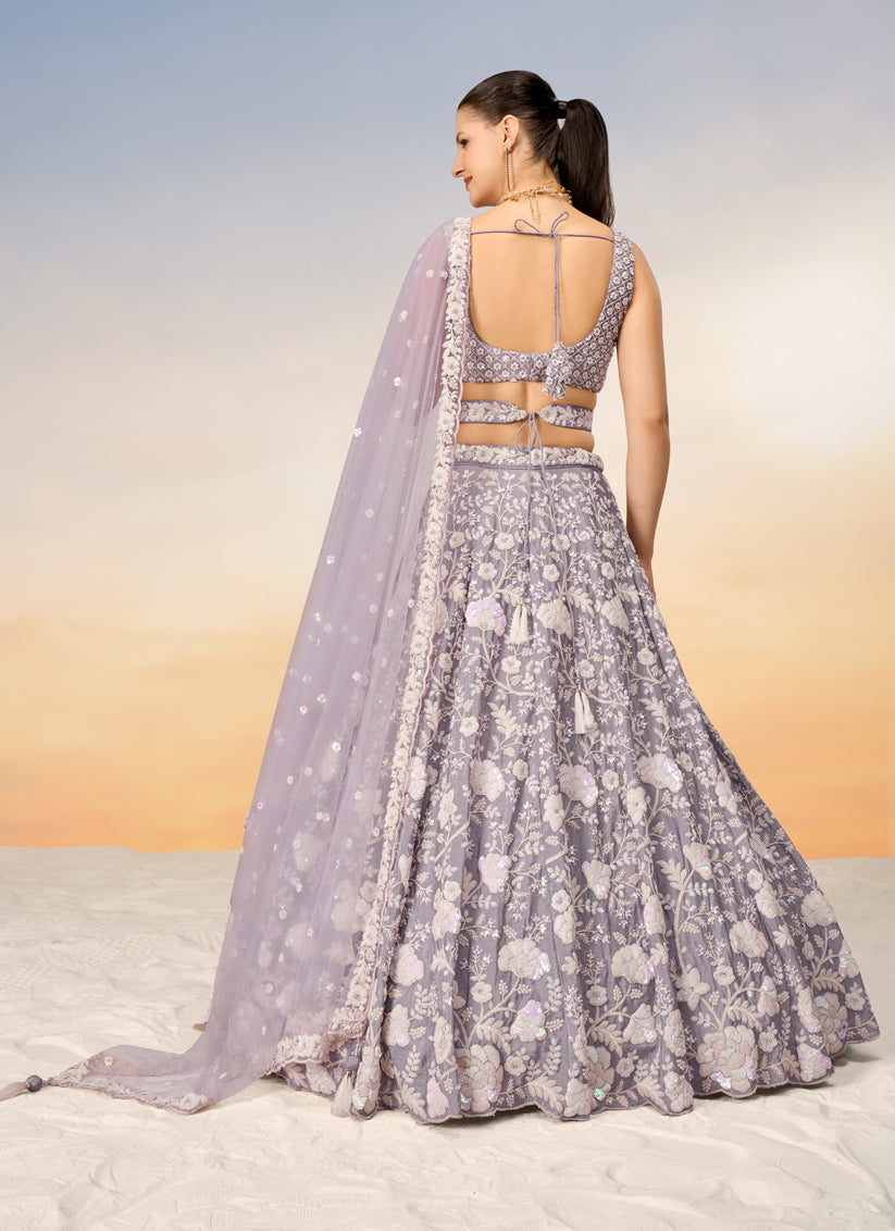 Mauve Faux Georgette Embroidered Wedding Lehenga Choli