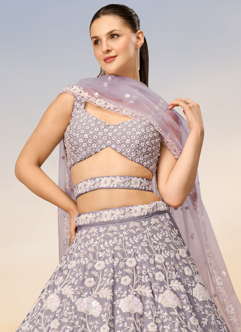 Mauve Faux Georgette Embroidered Wedding Lehenga Choli