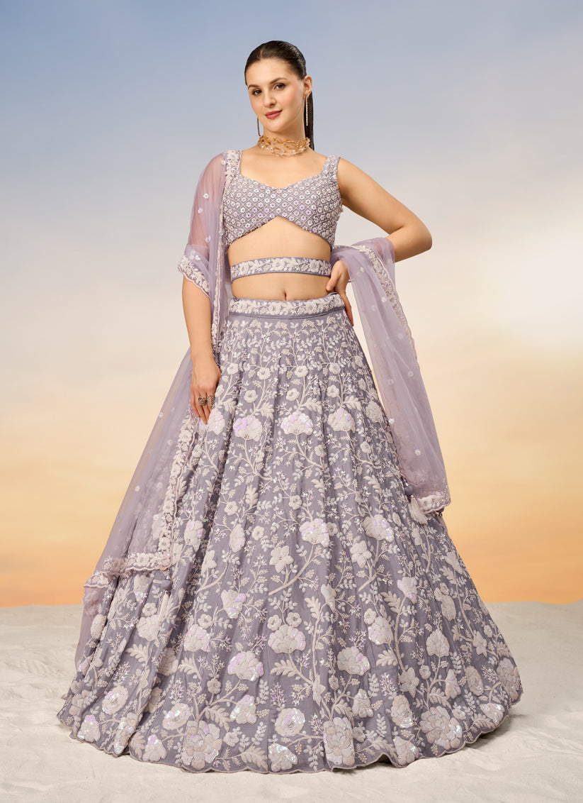 Mauve Faux Georgette Embroidered Wedding Lehenga Choli