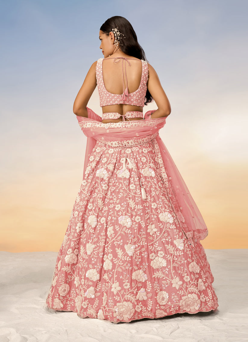 Salmon Pink Faux Georgette Embroidered Wedding Lehenga Choli