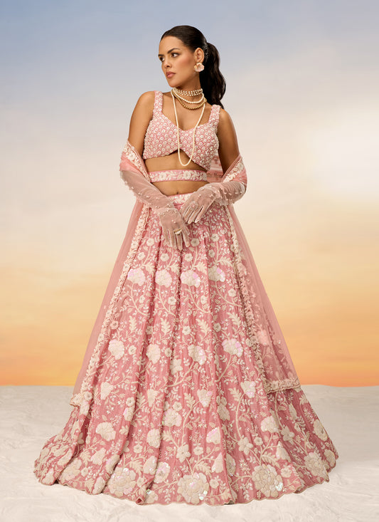 Salmon Pink Faux Georgette Embroidered Wedding Lehenga Choli