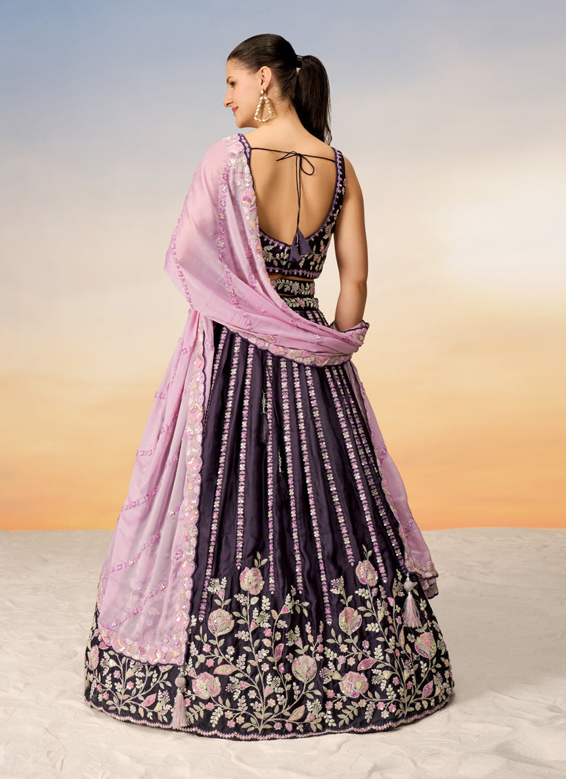 Burgundy Satin Embroidered Wedding Wedding Lehenga Choli