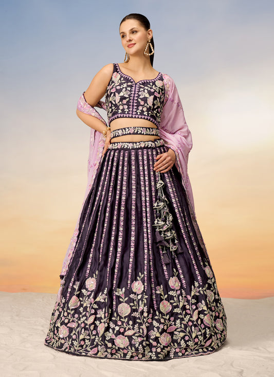 Burgundy Satin Embroidered Wedding Wedding Lehenga Choli