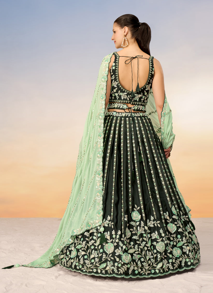 Bottle Green Satin Embroidered Wedding Wedding Lehenga Choli