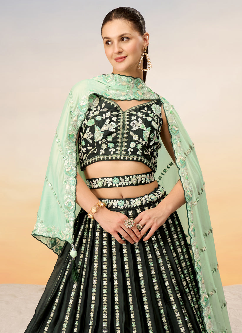 Bottle Green Satin Embroidered Wedding Wedding Lehenga Choli