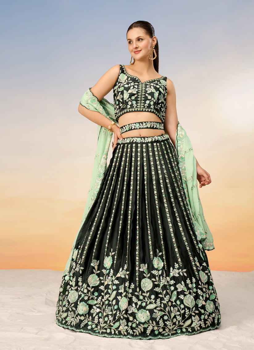 Bottle Green Satin Embroidered Wedding Wedding Lehenga Choli