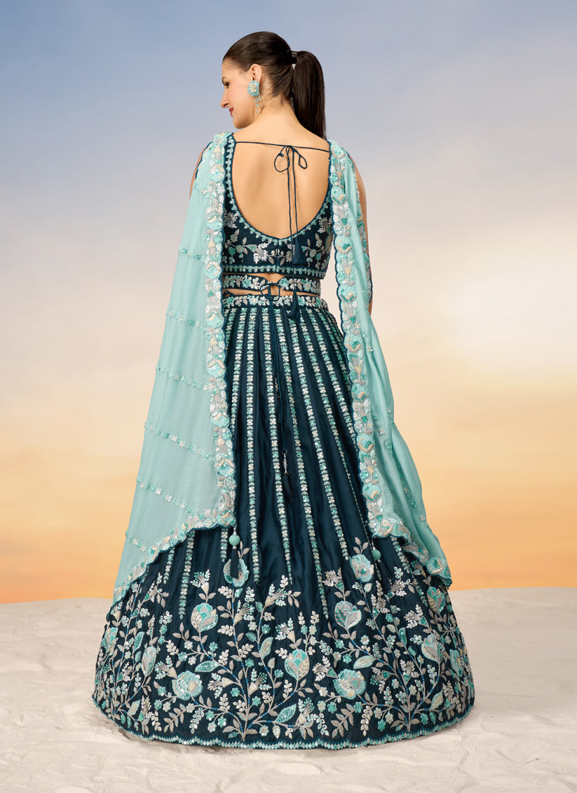 Teal Blue Satin Embroidered Wedding Wedding Lehenga Choli