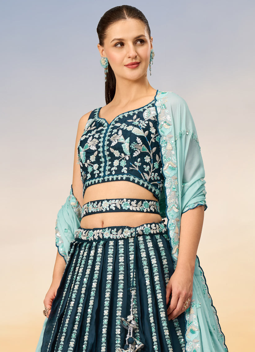 Teal Blue Satin Embroidered Wedding Wedding Lehenga Choli