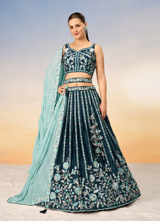 Teal Blue Satin Embroidered Wedding Wedding Lehenga Choli