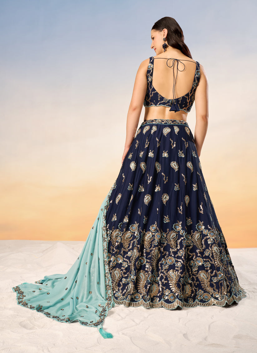 Midnight Blue Faux Georgette Embroidered Wedding Lehenga Choli