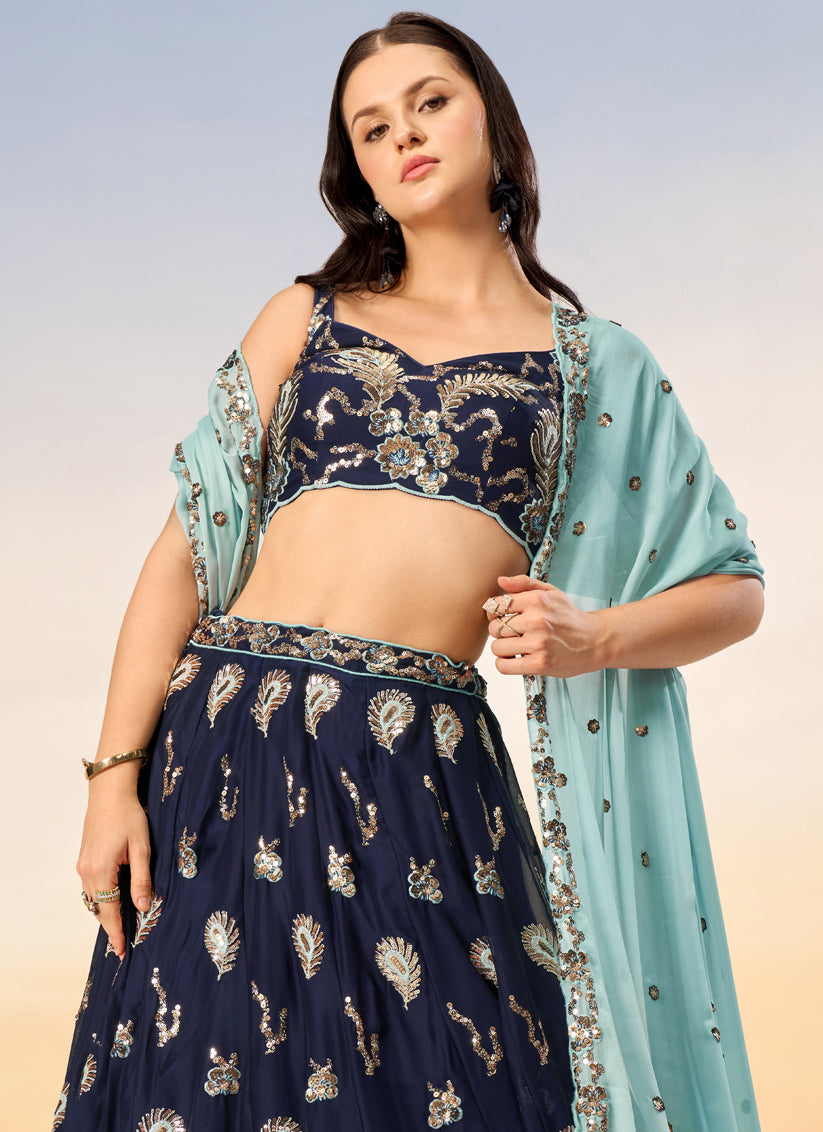 Midnight Blue Faux Georgette Embroidered Wedding Lehenga Choli