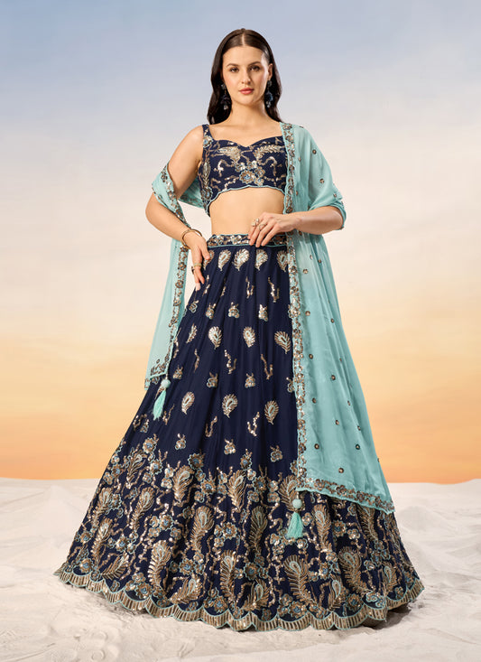 Midnight Blue Faux Georgette Embroidered Wedding Lehenga Choli