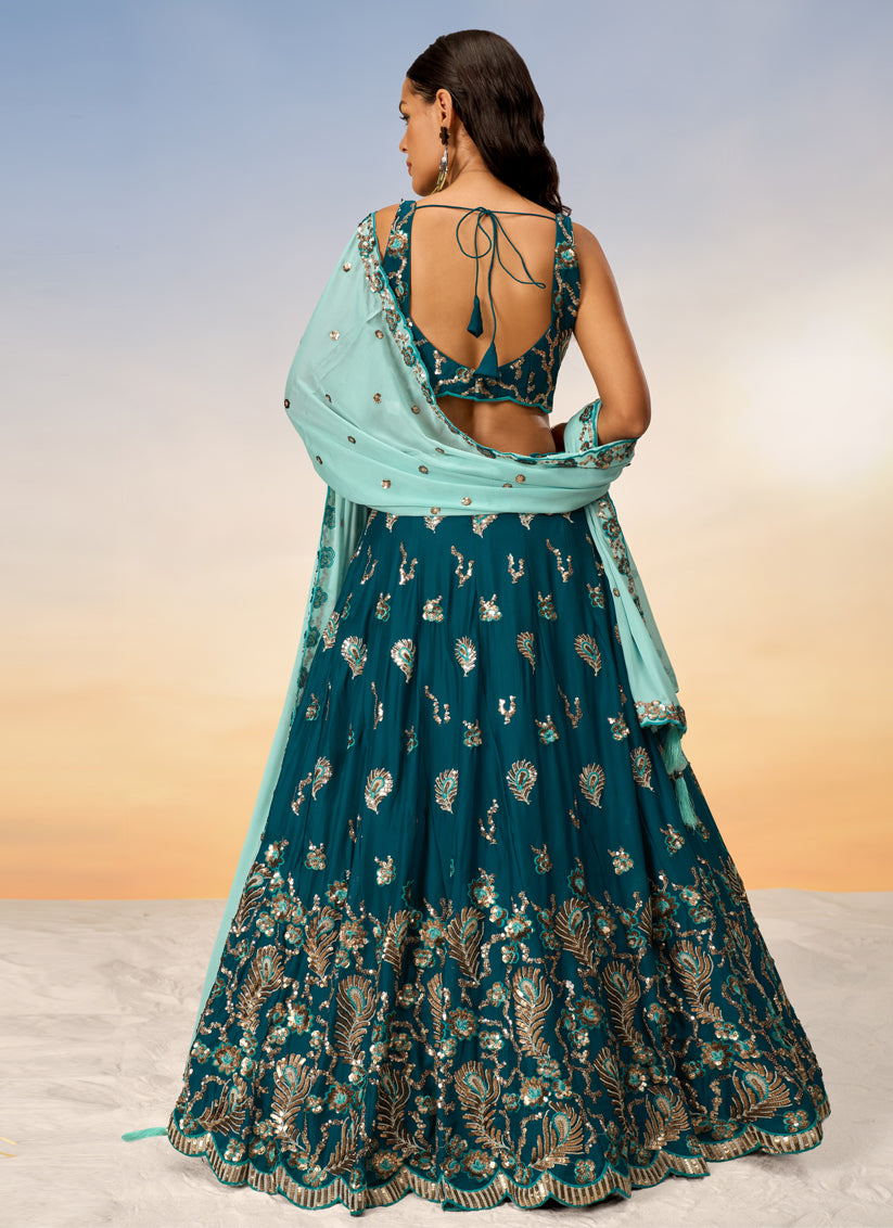 Peacock Blue Faux Georgette Embroidered Wedding Lehenga Choli