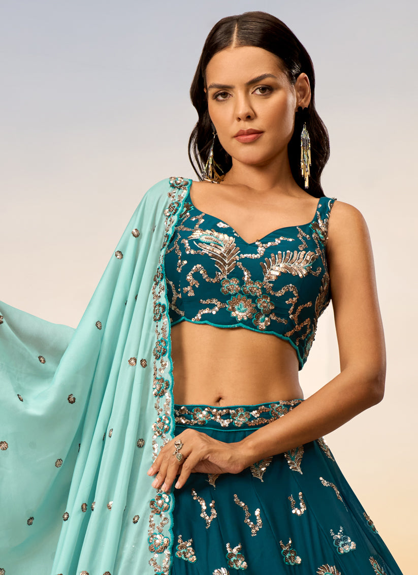 Peacock Blue Faux Georgette Embroidered Wedding Lehenga Choli