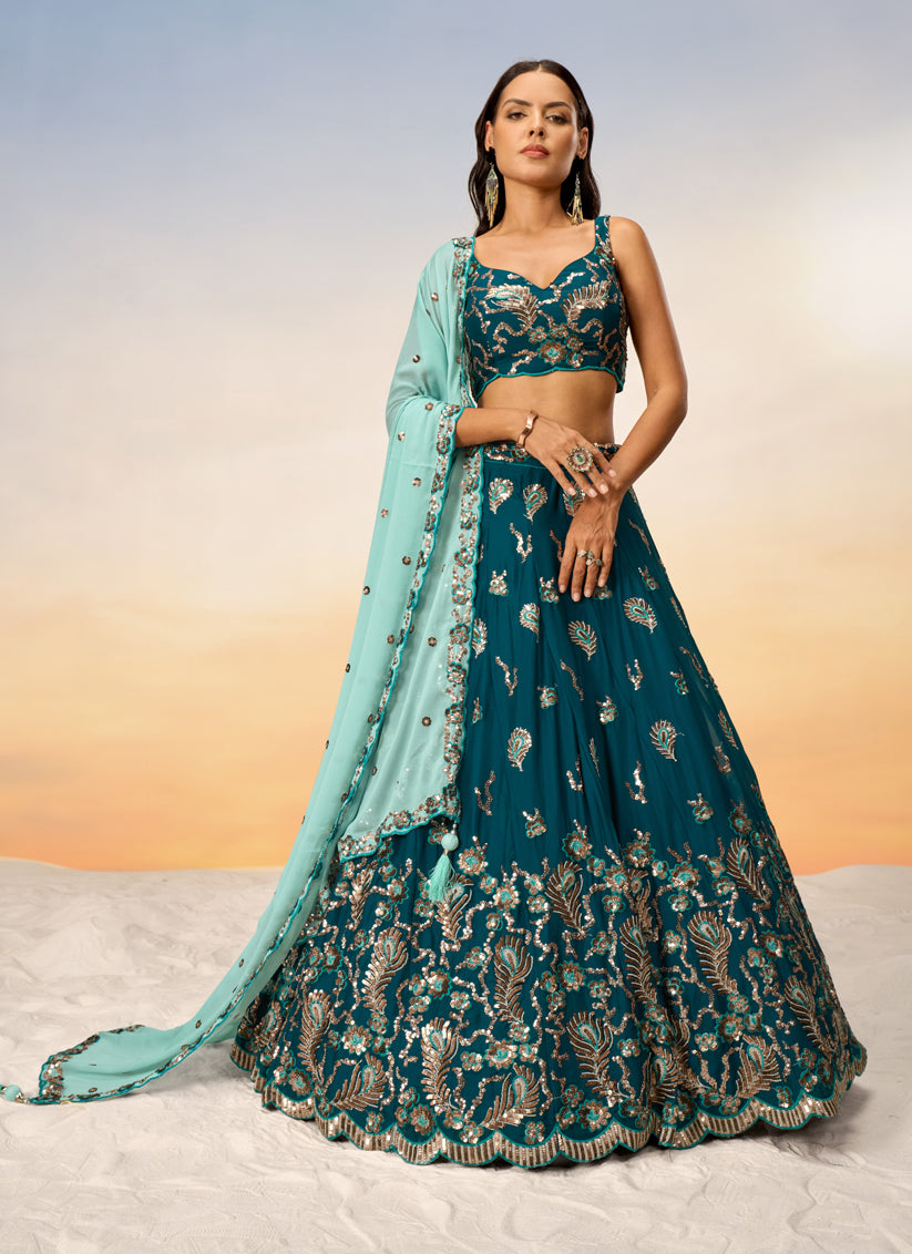 Peacock Blue Faux Georgette Embroidered Wedding Lehenga Choli