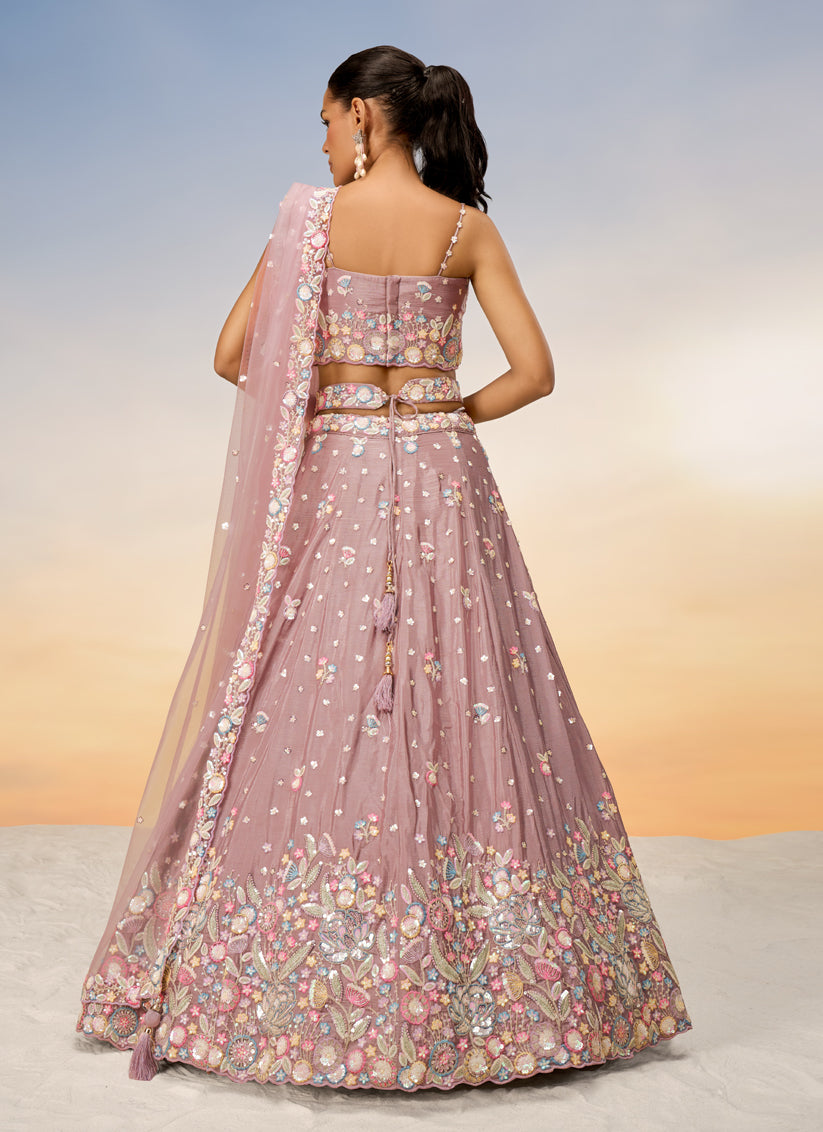 Rose Gold Faux Chiffon Embroidered Wedding Lehenga Choli